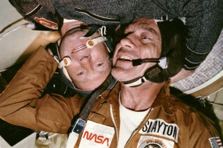 Astronaut Donald K Slayton and Cosmonaut Aleksey A Leonov in the Soyuz Orbital Module