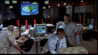 Hammond, Muldoon, Ray and Nedry in the Control Room