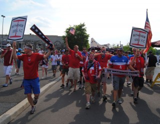 USA fan group The American Outlaws march to the viewing party in Bethlehem