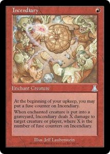 The Red Growing Enchanment Incendiary from Urza's Destiny